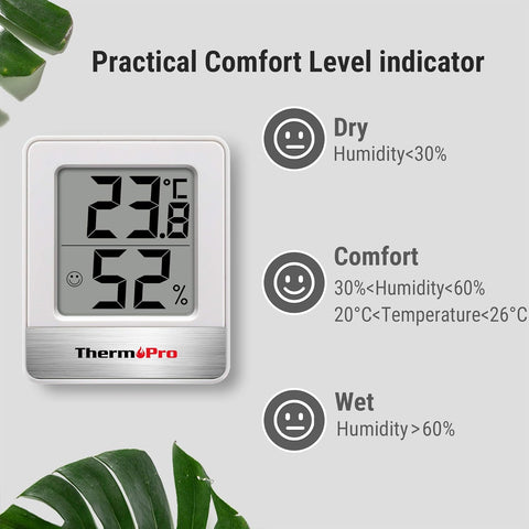 Thermometer and humidity monitor with comfort level indicators on a gray background