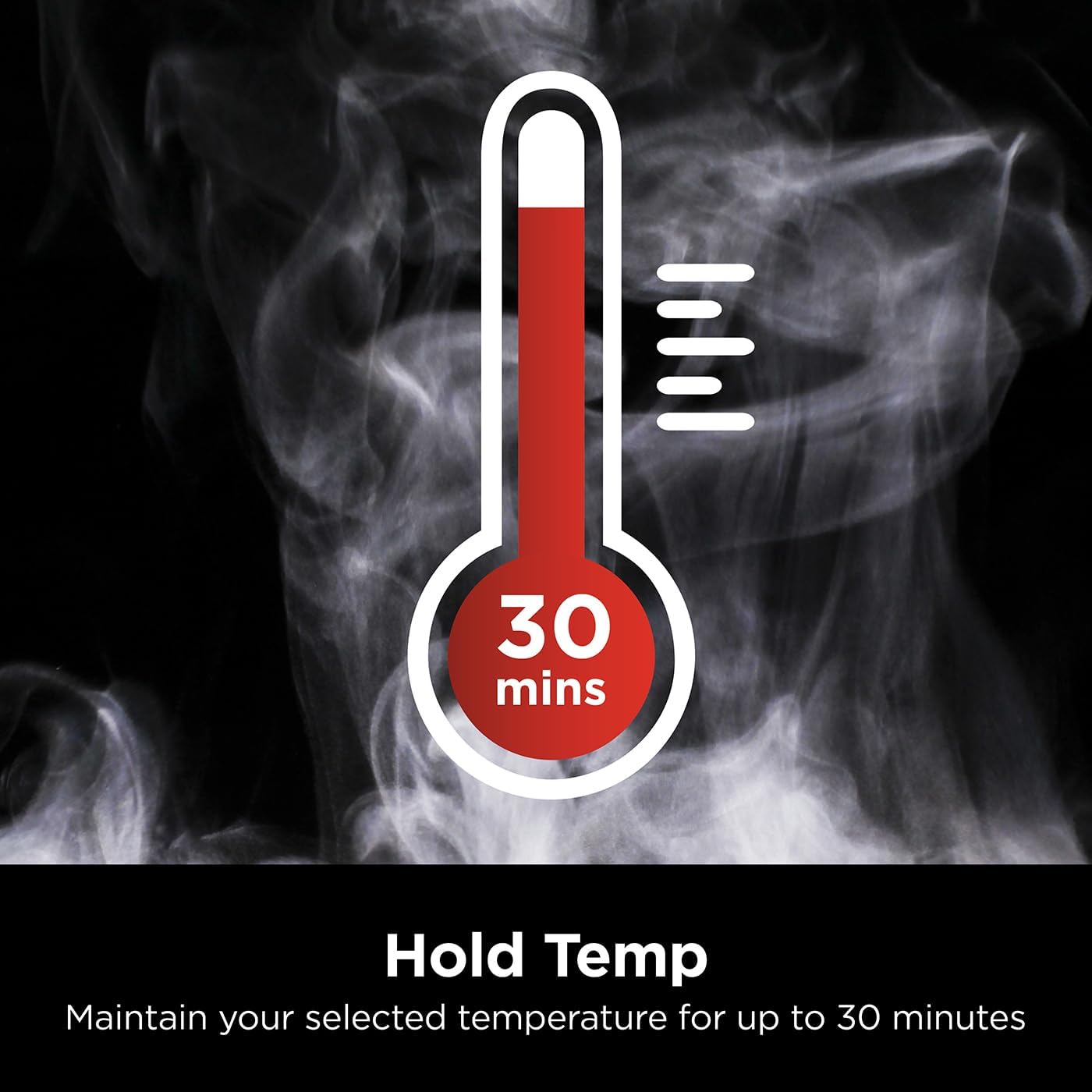 Thermometer icon with '30 mins' text on a smoky background