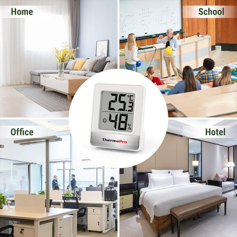 Thermometer with temperature and humidity display in various indoor settings.