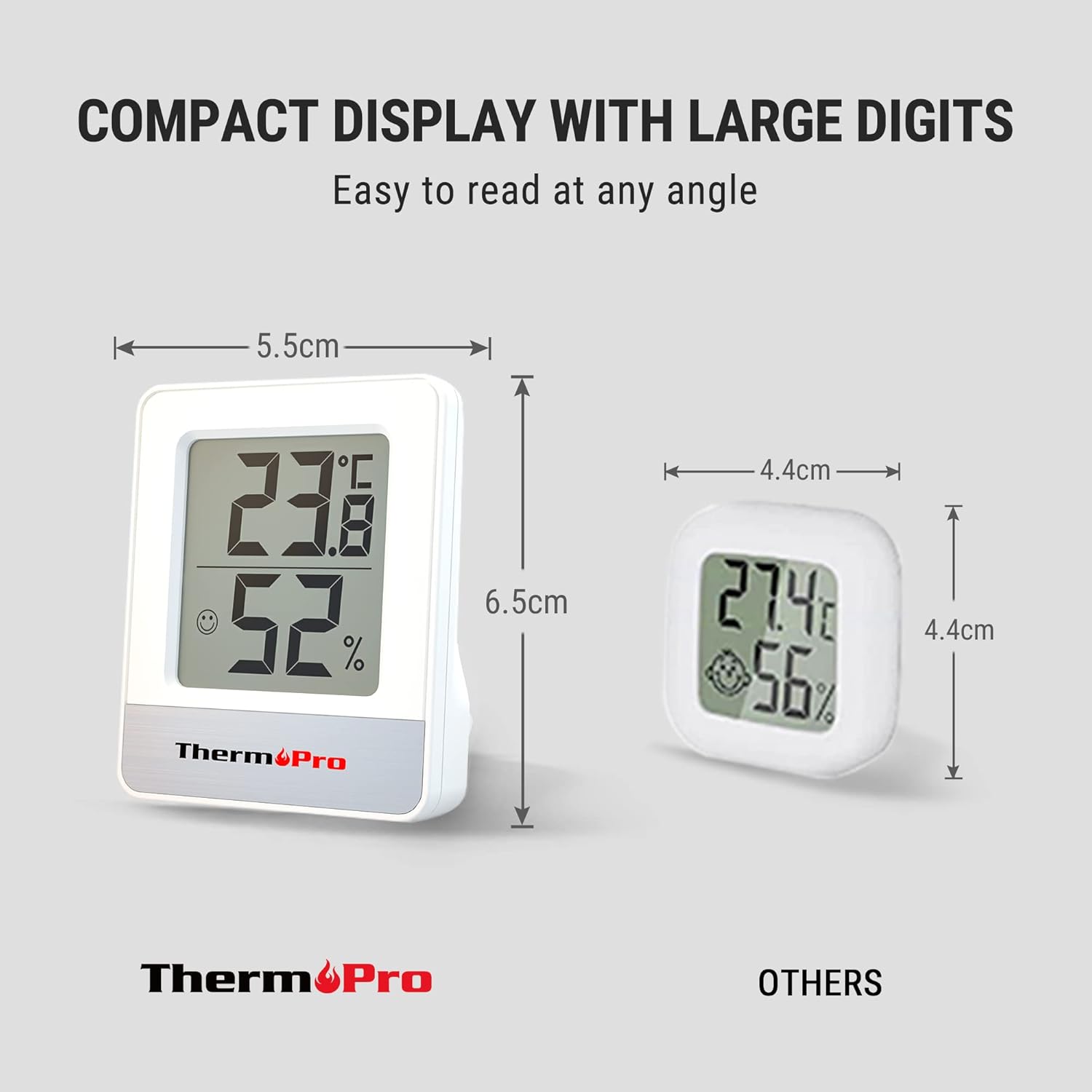 Thermopro digital thermometer with large digits and dimensions on a gray background