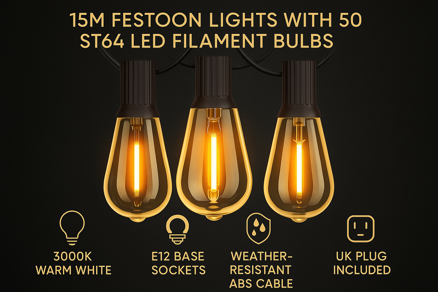 Three LED filament bulbs with product features on a black background