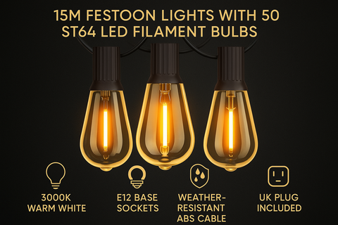 Three LED filament bulbs with product features on a black background