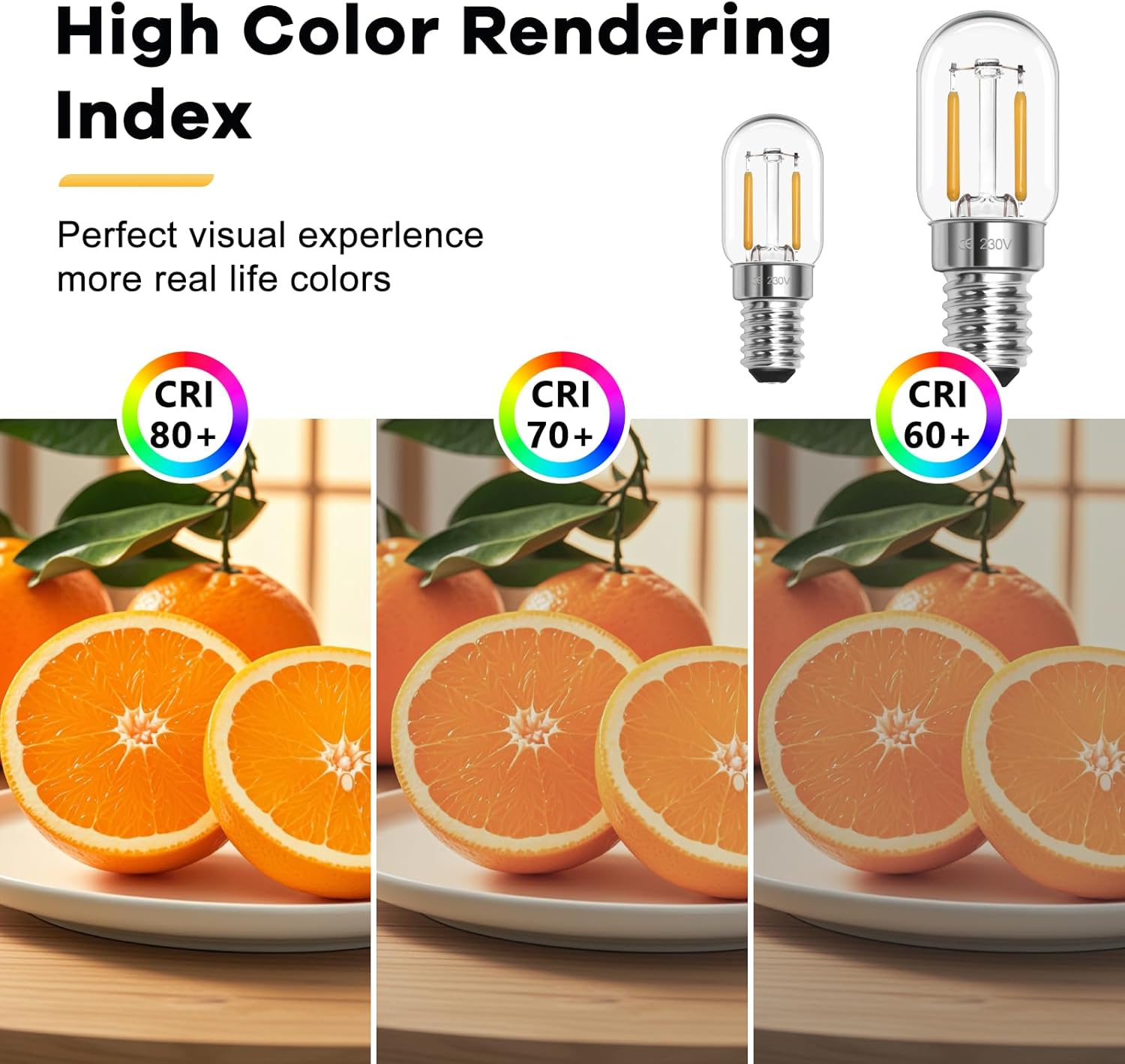 Three LED light bulbs with color rendering index (CRI) labels next to oranges on a plate.