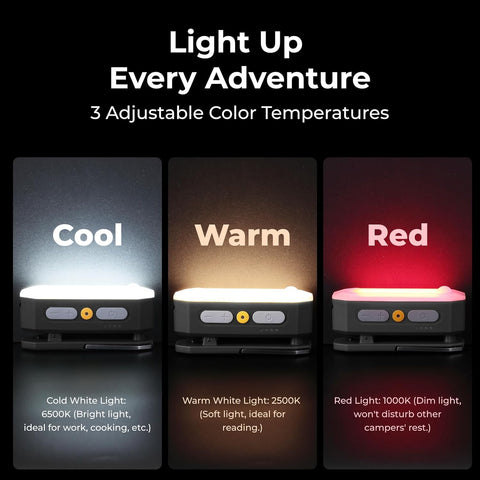 Three adjustable color temperature lights labeled 'Cool', 'Warm', and 'Red' on a black background.