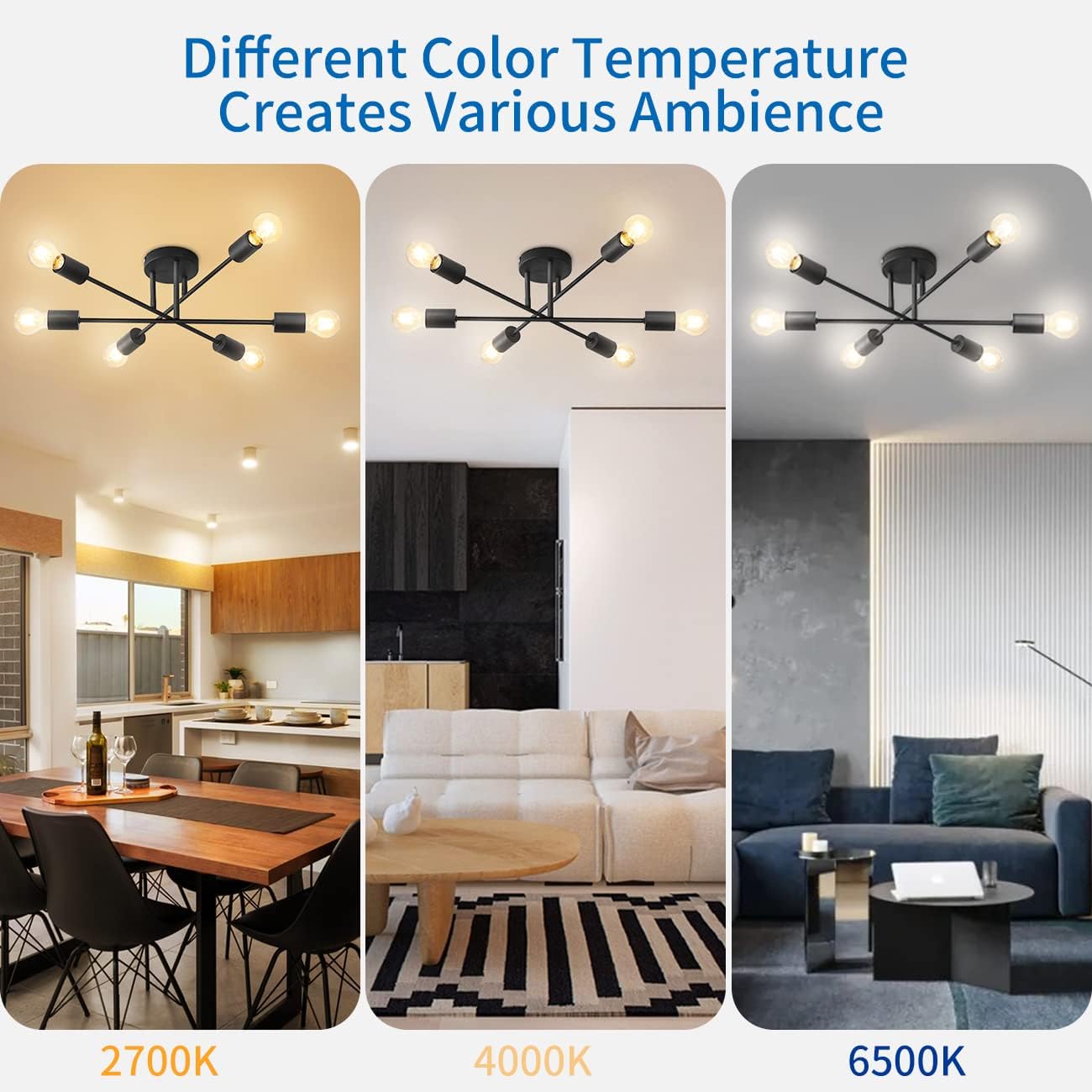 Three different color temperature settings of a ceiling light fixture in a living room, kitchen, and dining area.