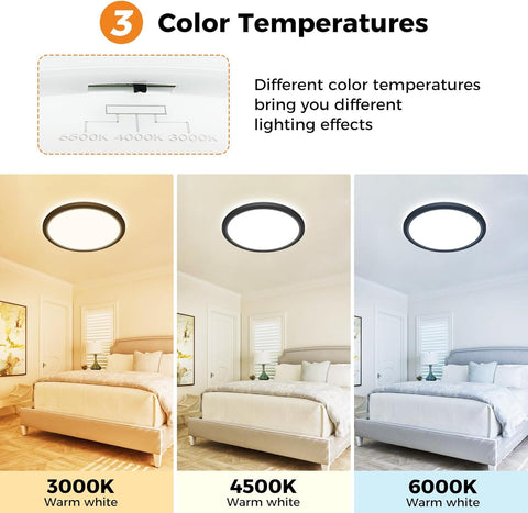 Three different color temperature settings of a ceiling light in a bedroom.