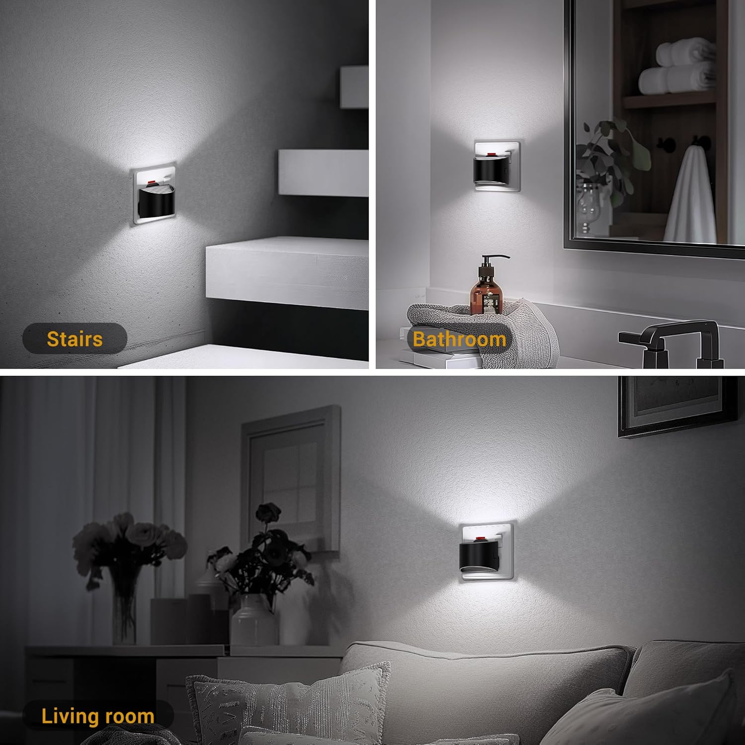 Three different settings with wall-mounted lights labeled 'Stairs', 'Bathroom', and 'Living room'.