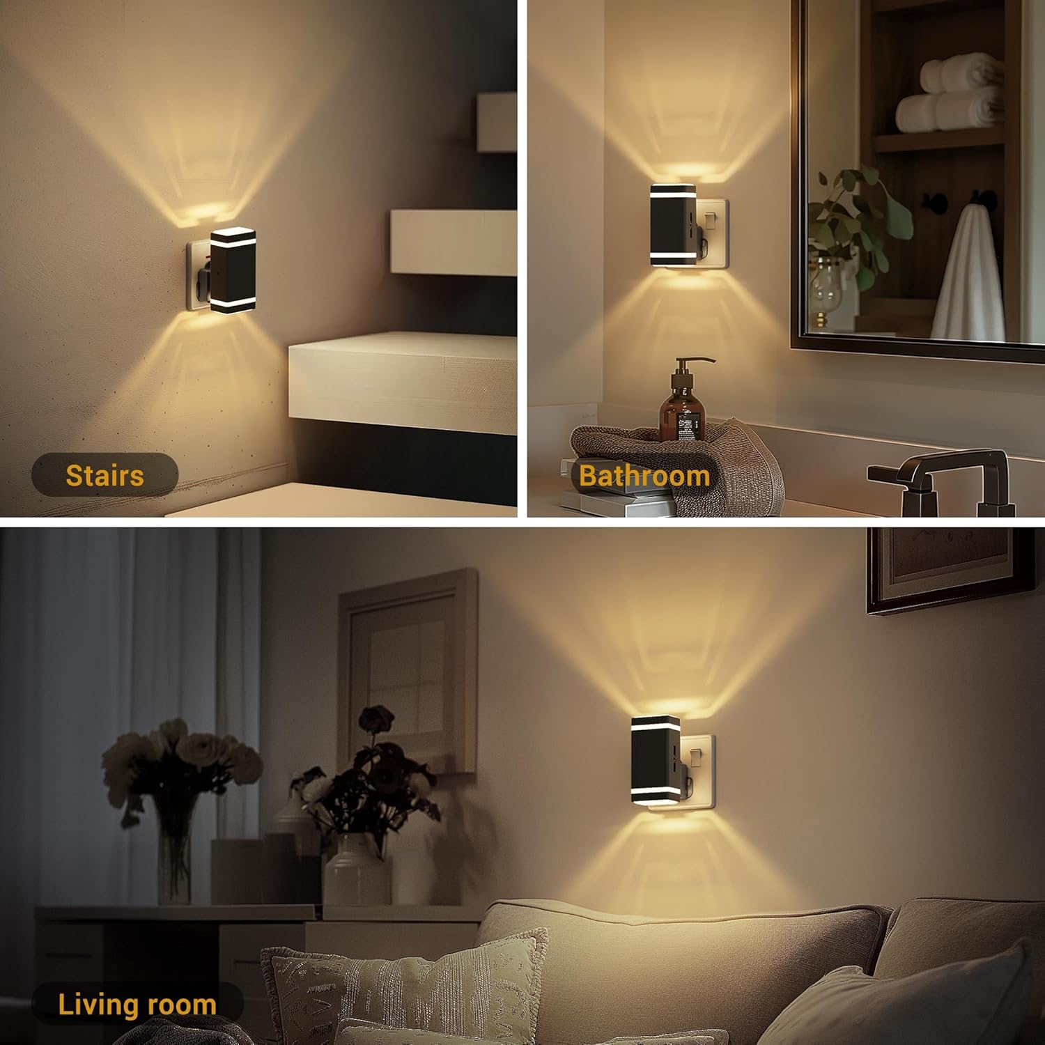 Three different wall lights in a living room, bathroom, and stairwell.