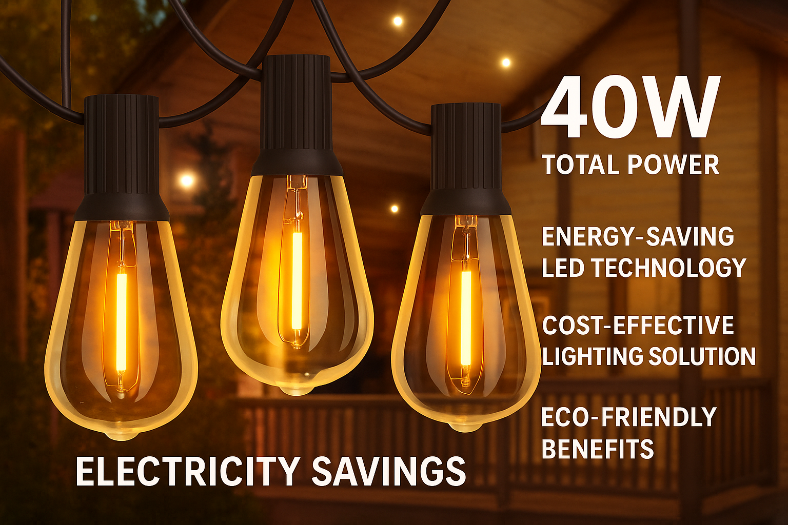 Three energy-saving LED light bulbs with text highlighting features on a blurred background.