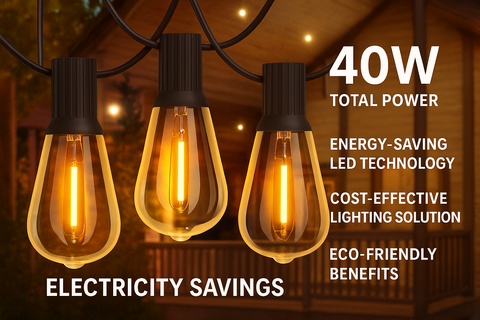 Three energy-saving LED light bulbs with text highlighting features on a blurred background.