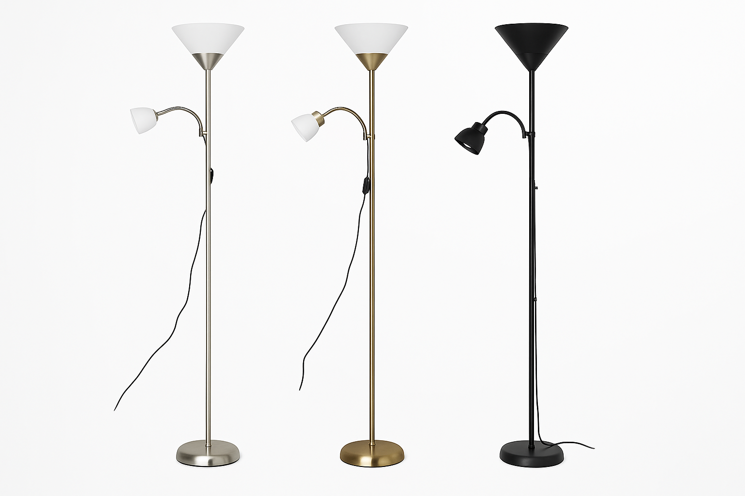Three floor lamps with different designs on a white background