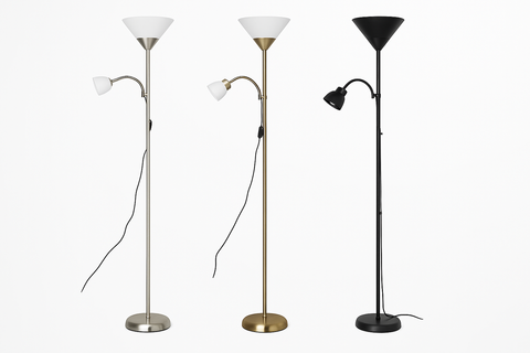 Three floor lamps with different designs on a white background