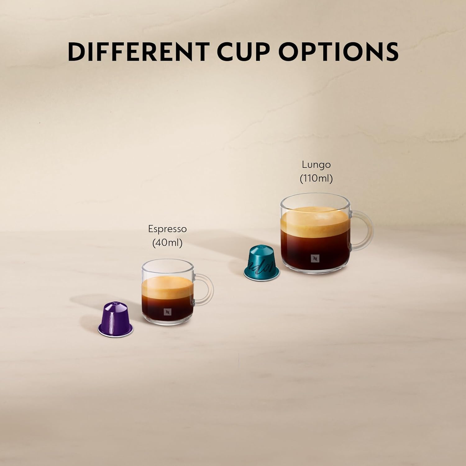 Three glass cups with different coffee volumes labeled on a beige background