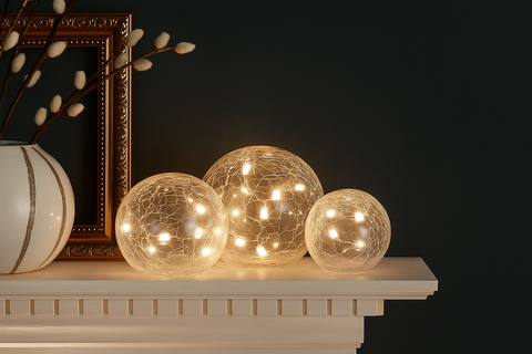 Three glass globe lights on a mantelpiece with a dark background