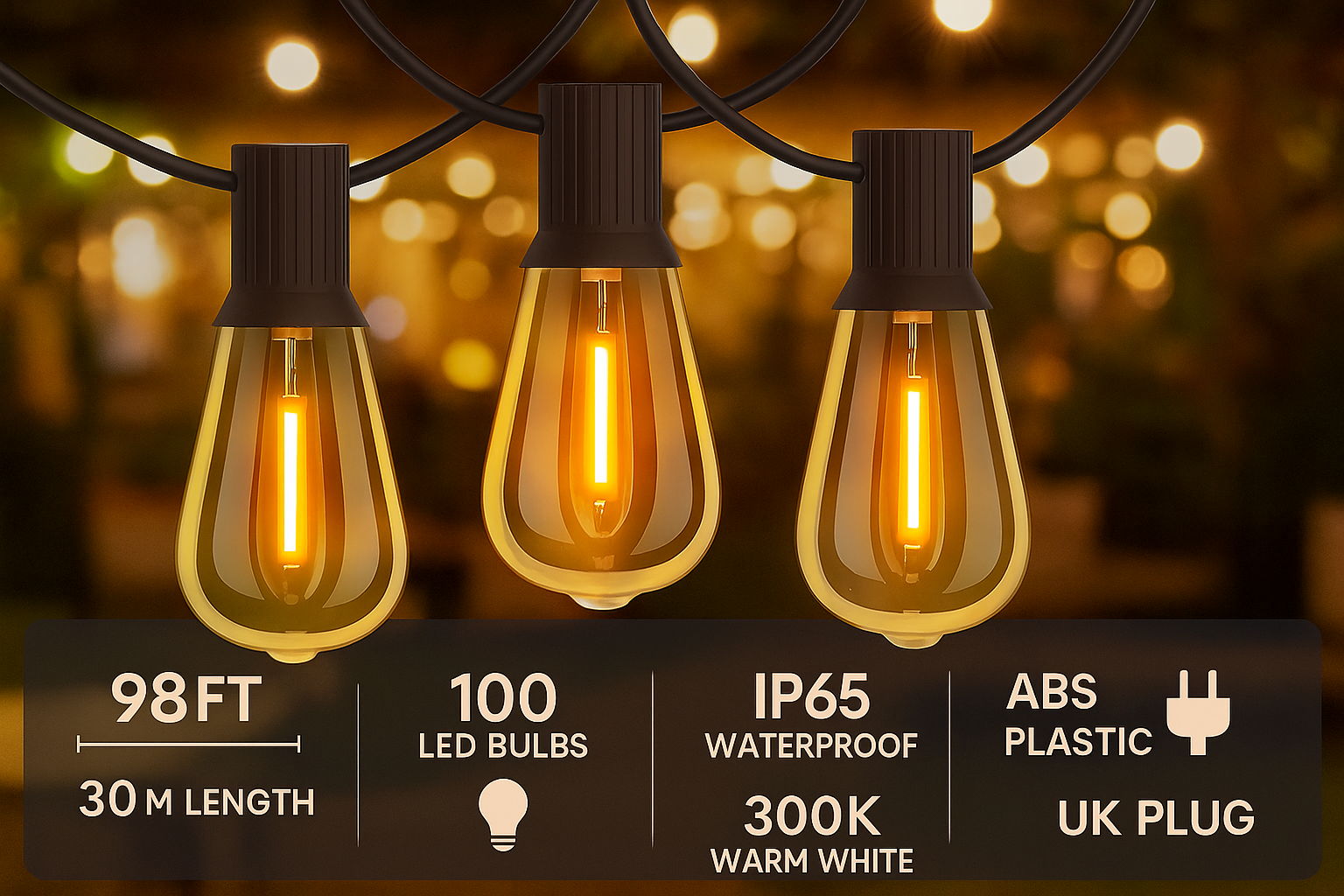 Three illuminated LED light bulbs on a string with product specifications displayed.