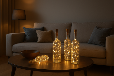 Three illuminated bottles on a wooden table in a dimly lit living room.