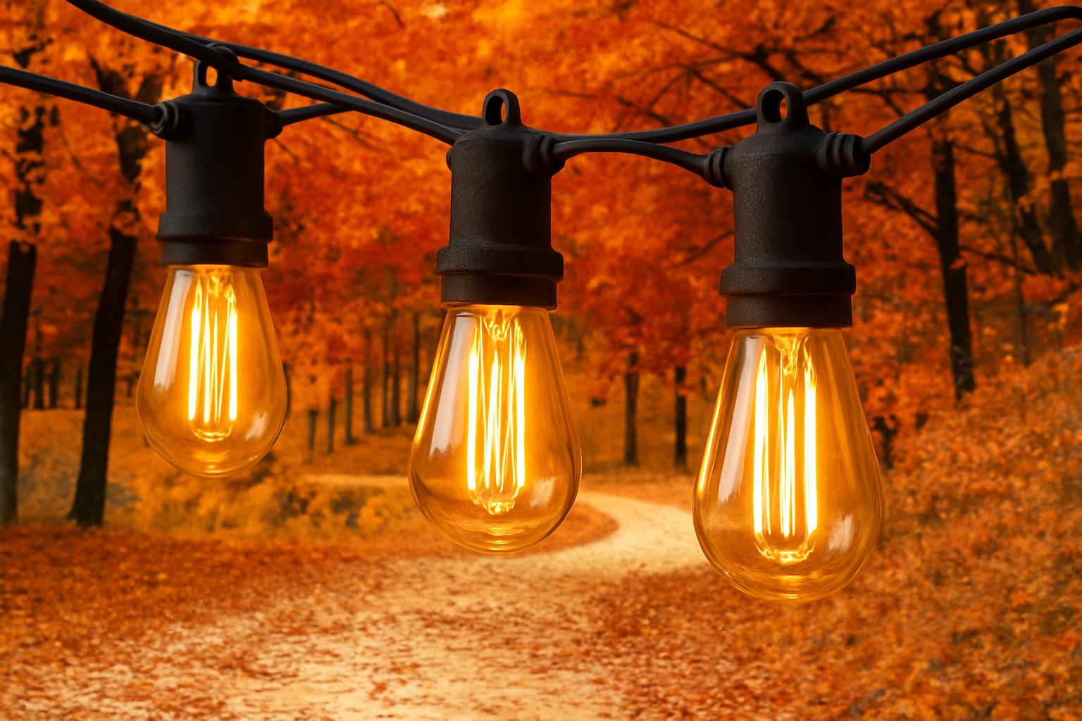 Three illuminated light bulbs on a string against an autumnal tree background.