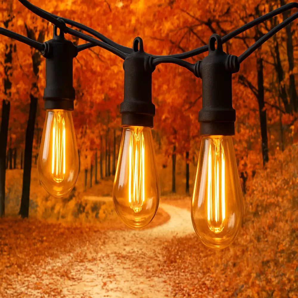 String lights with glowing bulbs against an autumnal forest background