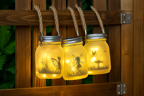 Three illuminated mason jars with fairy designs hanging on a wooden fence.