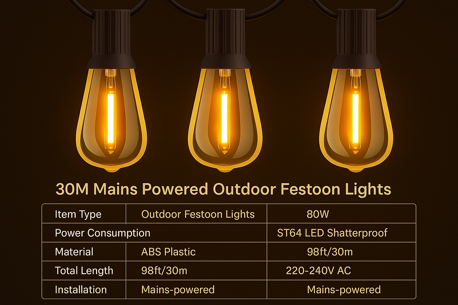Three illuminated outdoor festoon lights with product details on a dark background