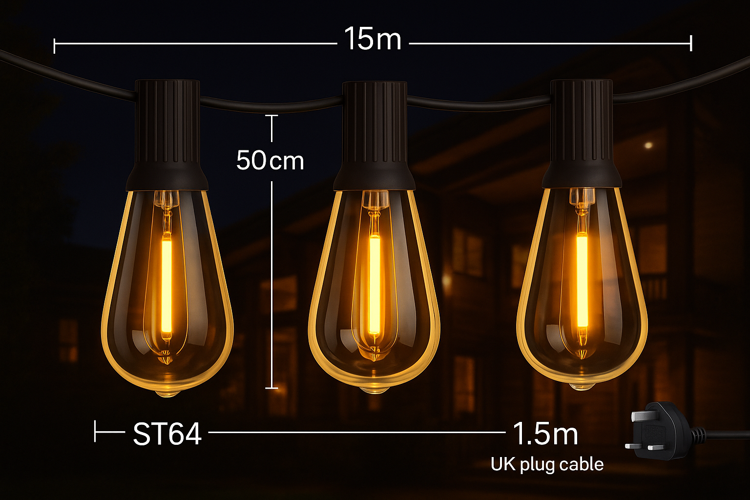 Three illuminated vintage-style light bulbs with measurements on a dark background