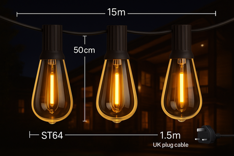 Three illuminated vintage-style light bulbs with measurements on a dark background