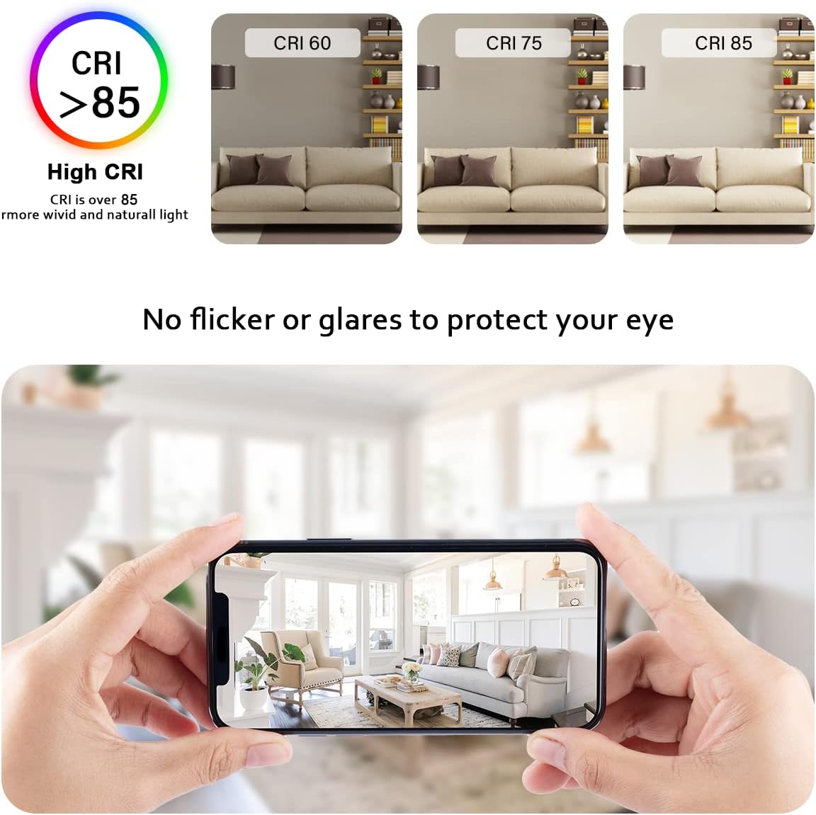 Three images of a sofa with CRI labels (CRI 60, CRI 75, CRI 85) and a person holding a phone showing a living room.