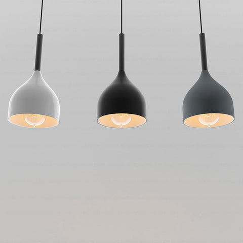 Three pendant lights with different shades of gray on a gray background