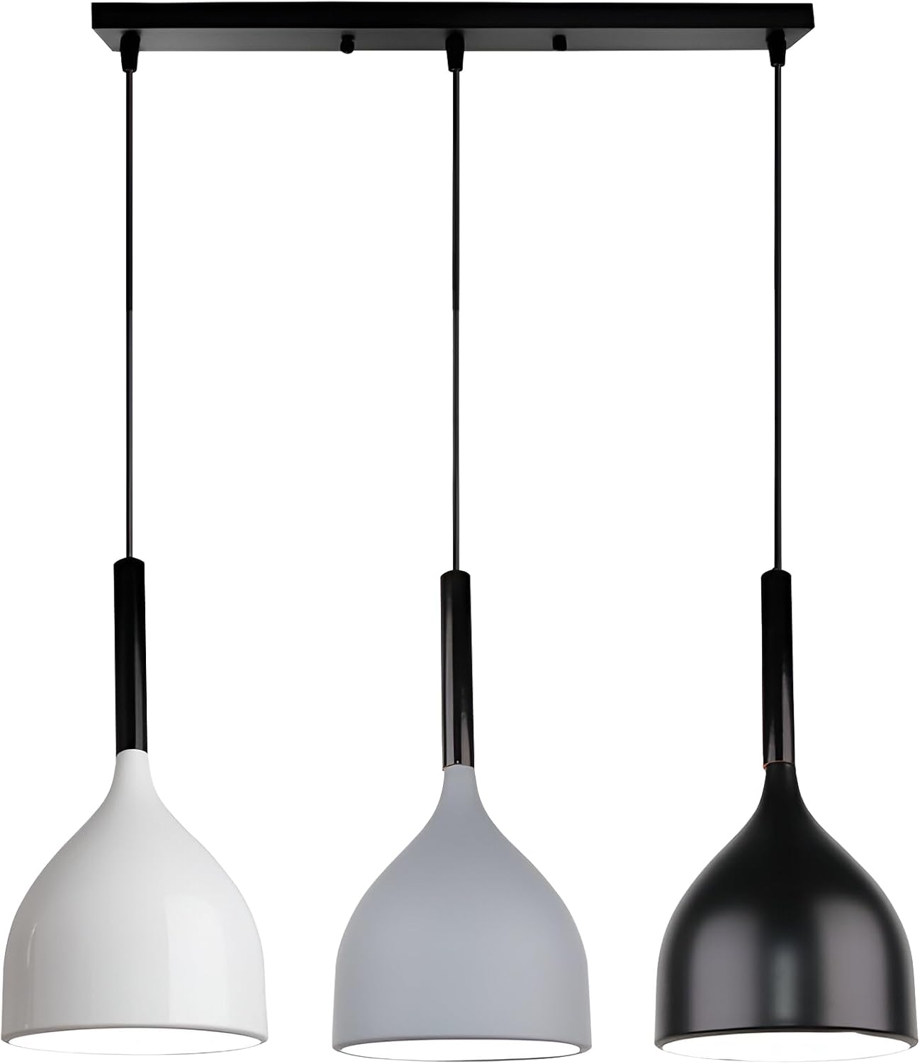 Three pendant lights with white, gray, and black shades on a white background