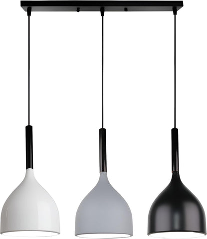 Three pendant lights with white, gray, and black shades on a white background