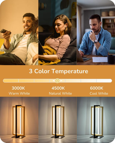 Three people using a lamp with color temperature options displayed.