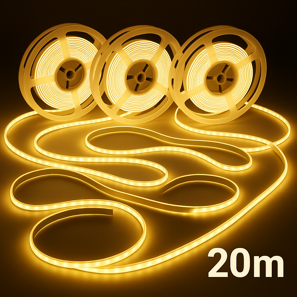 Three rolls of LED strip light with a 20-meter length on a dark background