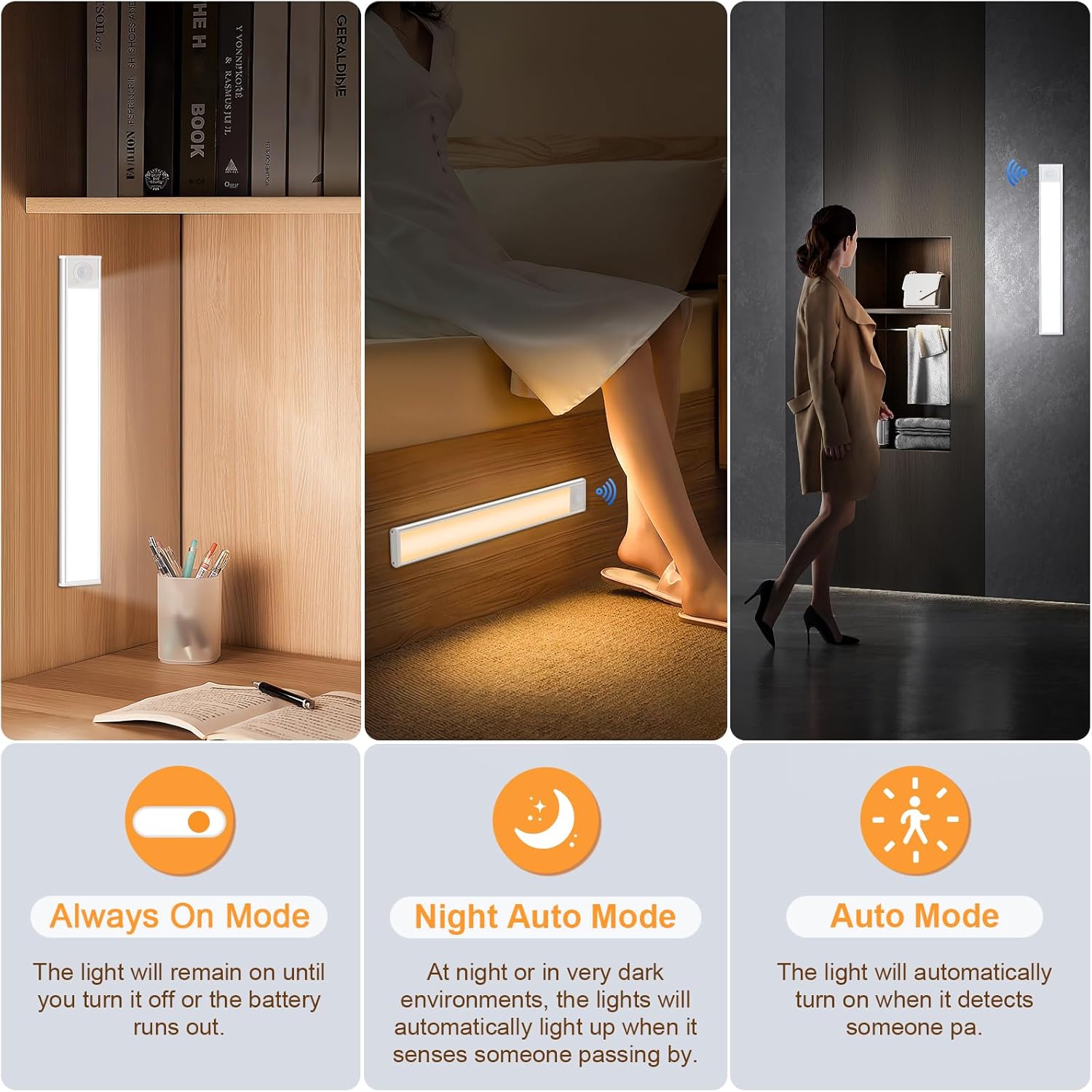 Three scenarios showing a wall-mounted light with different modes: Always On, Night Auto, and Auto. The light is used in a bedroom, hallway, and office setting.