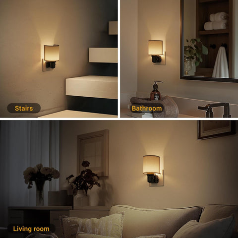 Three scenes labeled 'Stairs', 'Bathroom', and 'Living room' with wall sconces illuminating each area.