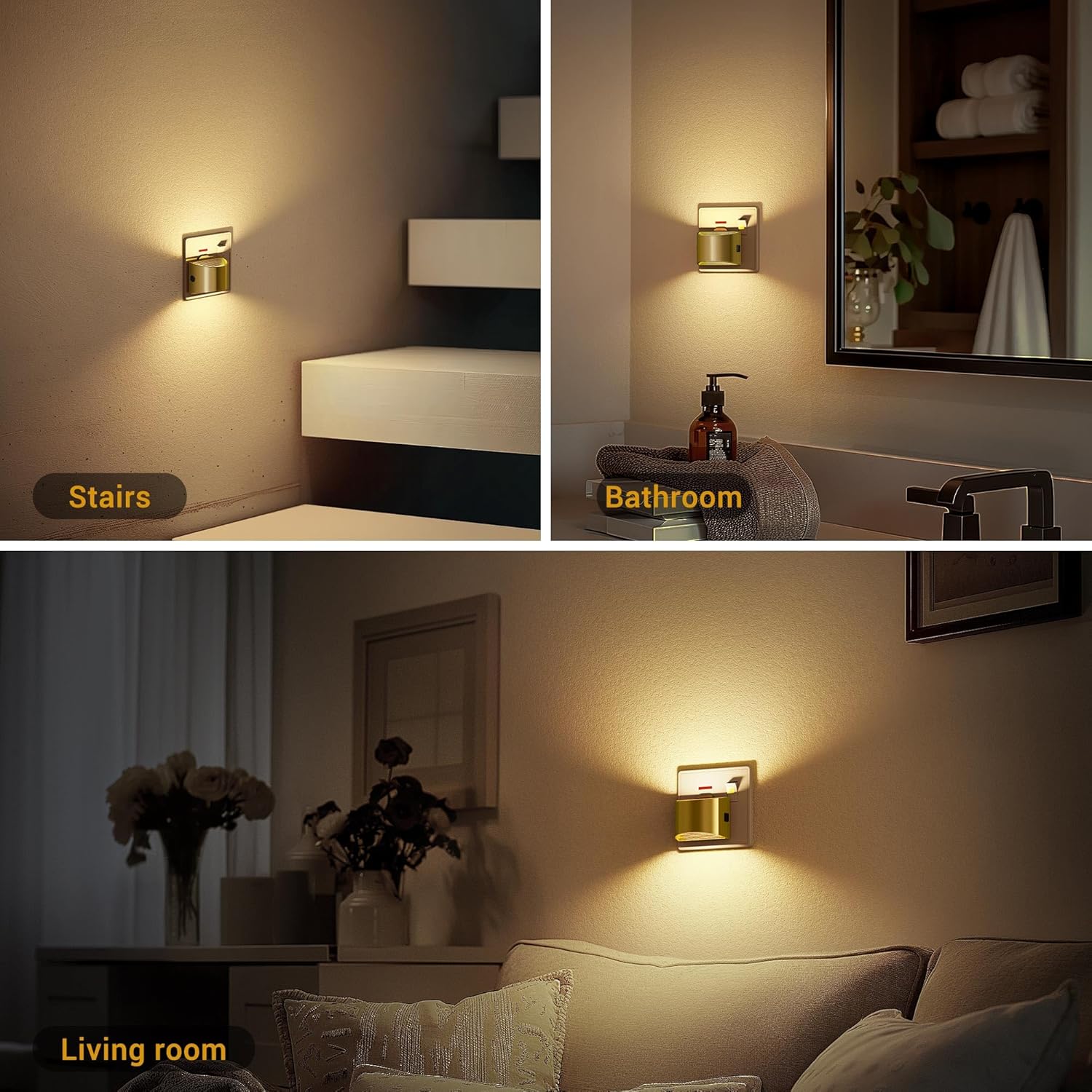 Three scenes showing a wall-mounted light fixture in different rooms: stairs, bathroom, and living room.