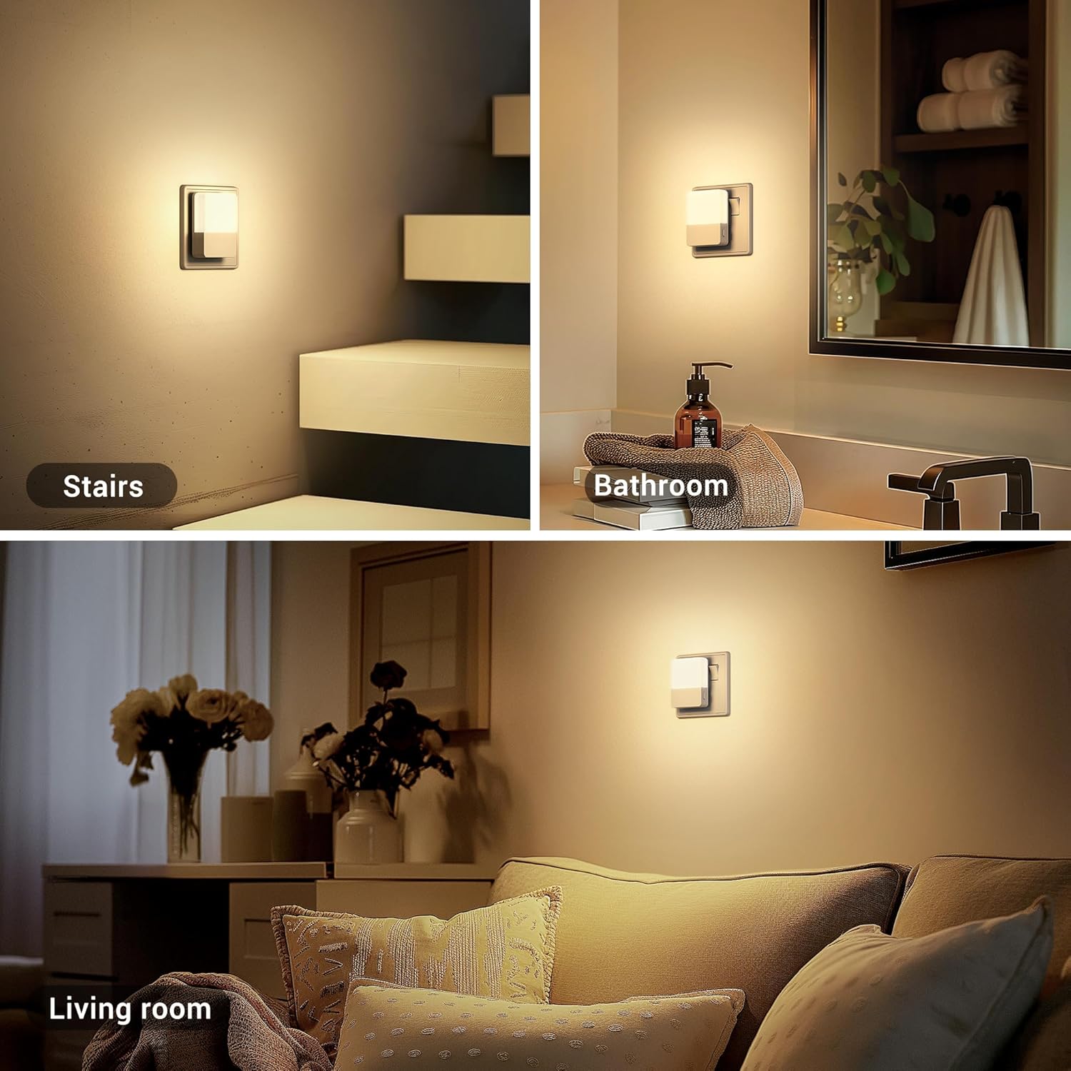 Three scenes showing a wall-mounted light fixture in different rooms: stairs, bathroom, and living room.