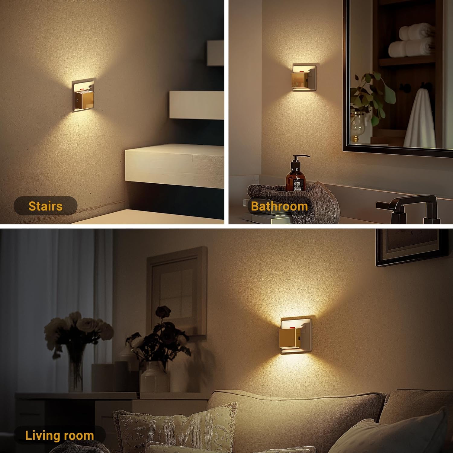 Three scenes showing wall-mounted lights in a living room, bathroom, and stairs area.