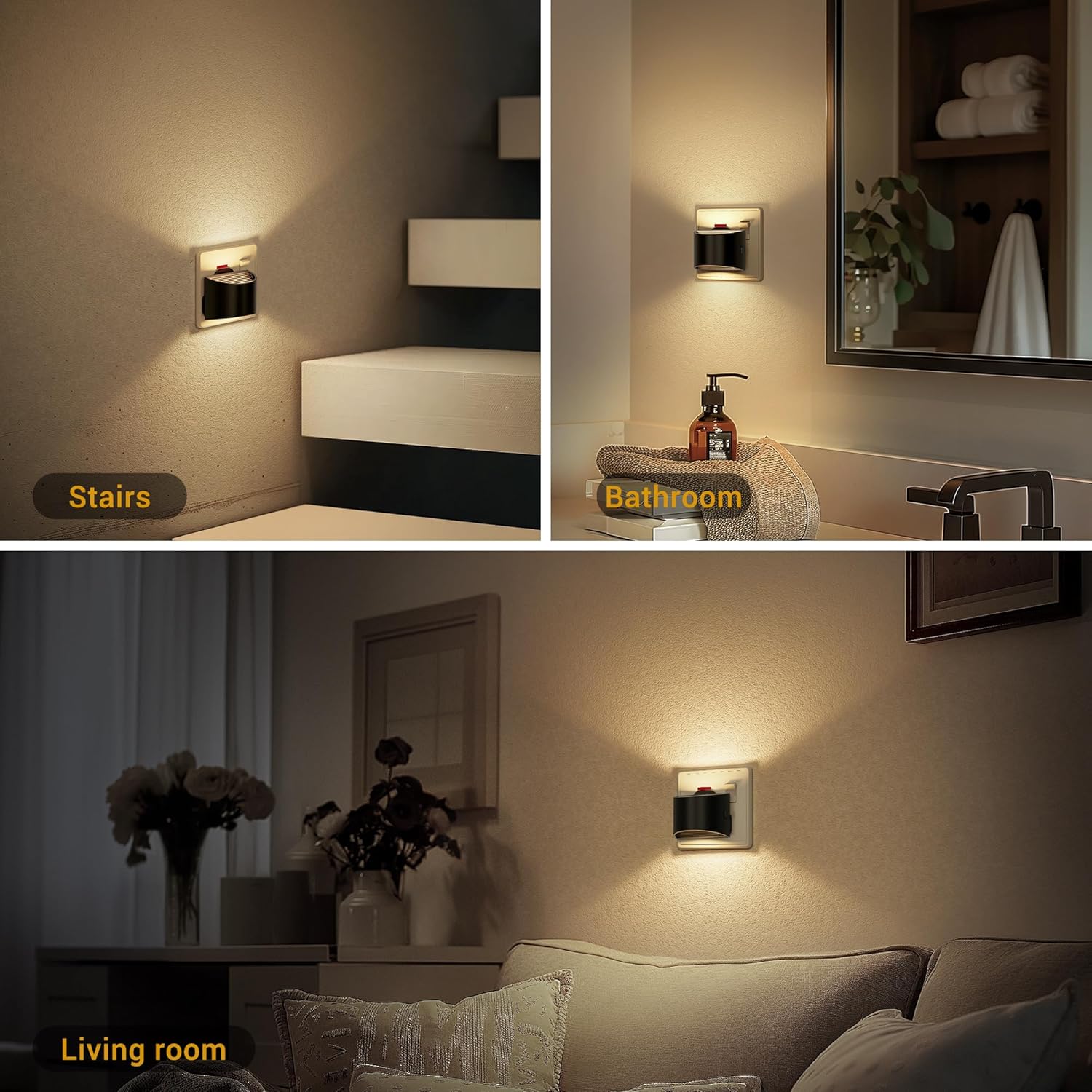 Three scenes showing wall-mounted lights in a living room, bathroom, and stairwell.
