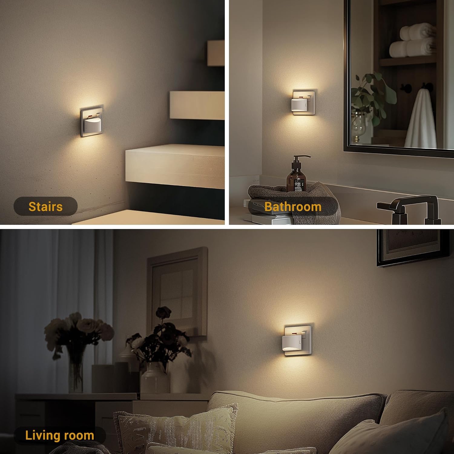Three scenes showing wall-mounted lights in a living room, bathroom, and stairs area.