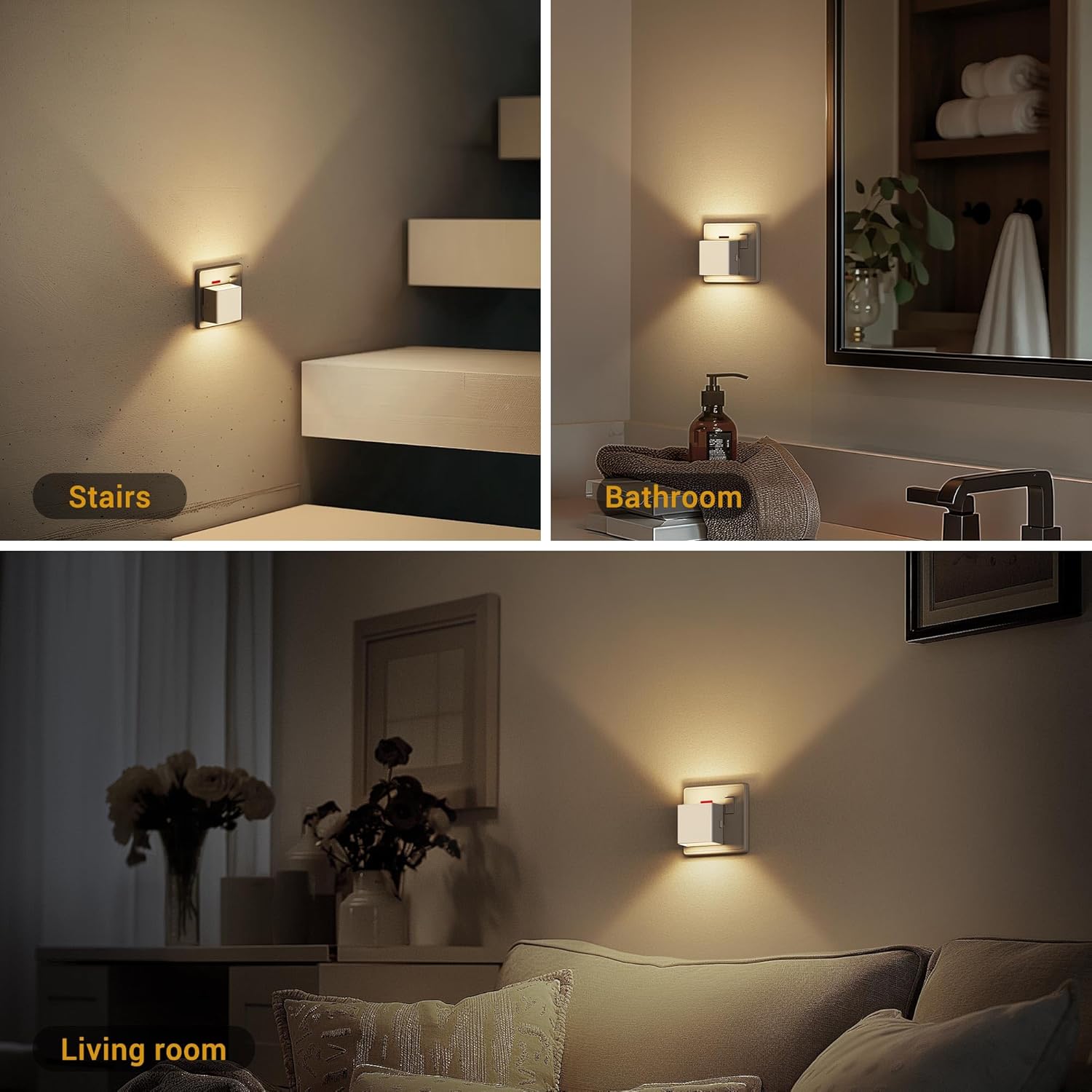 Three scenes showing wall lights in a living room, bathroom, and stairs area.