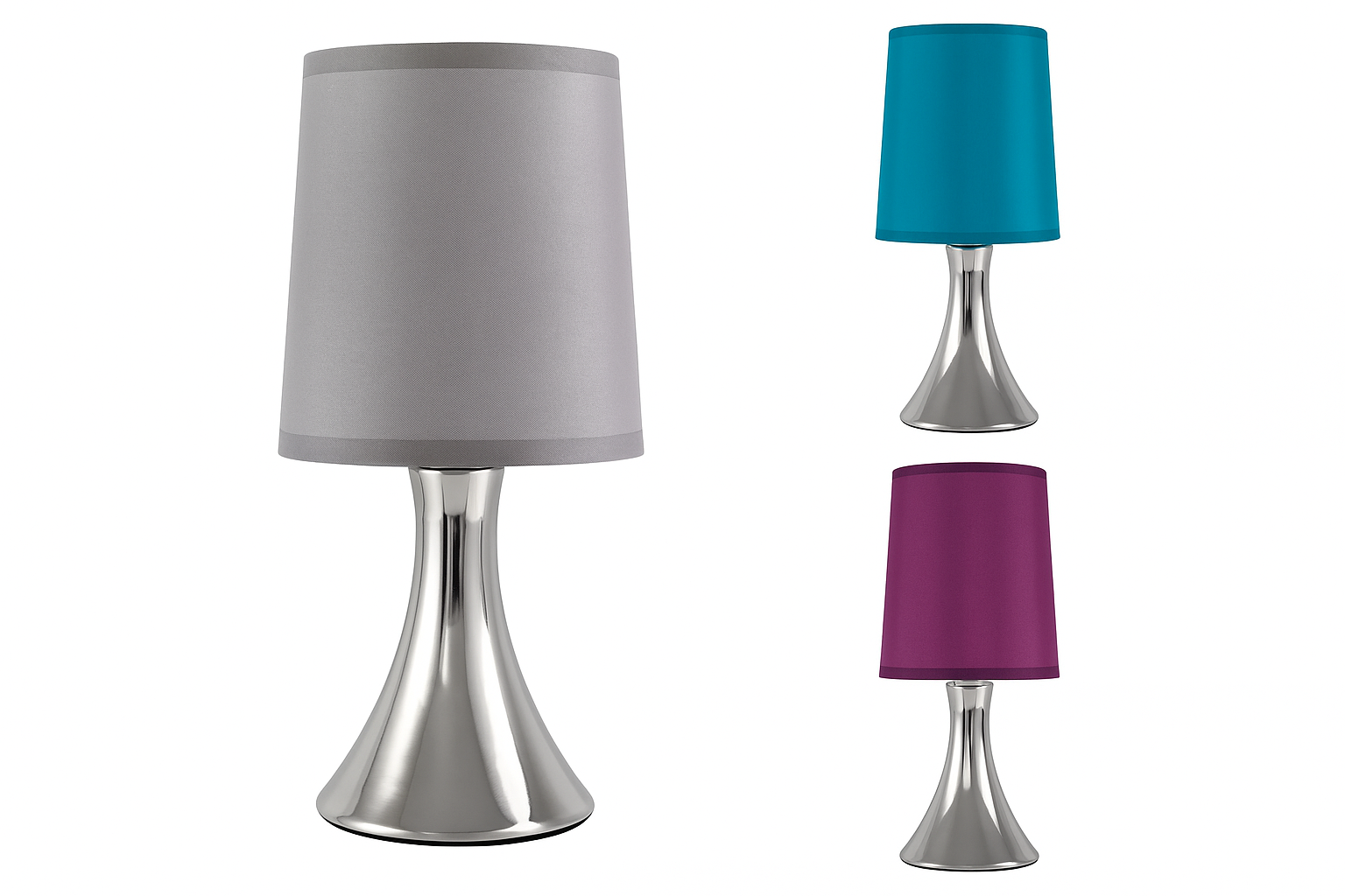 Three table lamps with different colored shades on a white background