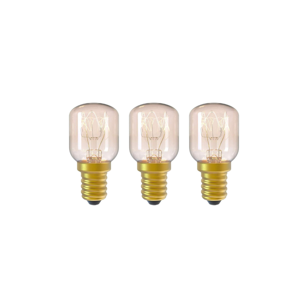 Three vintage-style light bulbs with gold bases on a white background