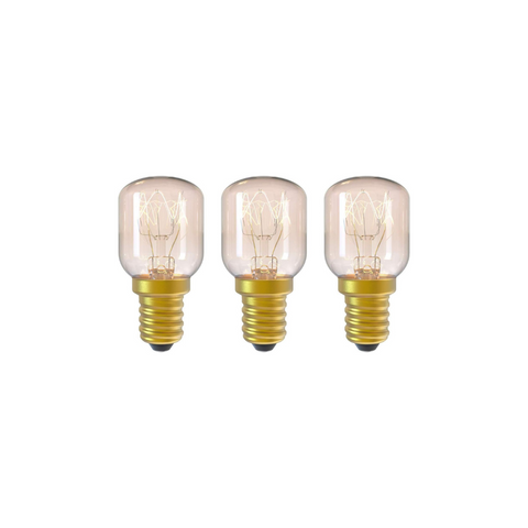 Three vintage-style light bulbs with gold bases on a white background