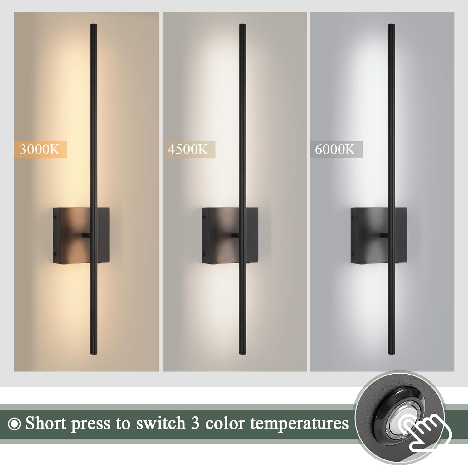 Three wall-mounted lights with different color temperature labels on a gray background