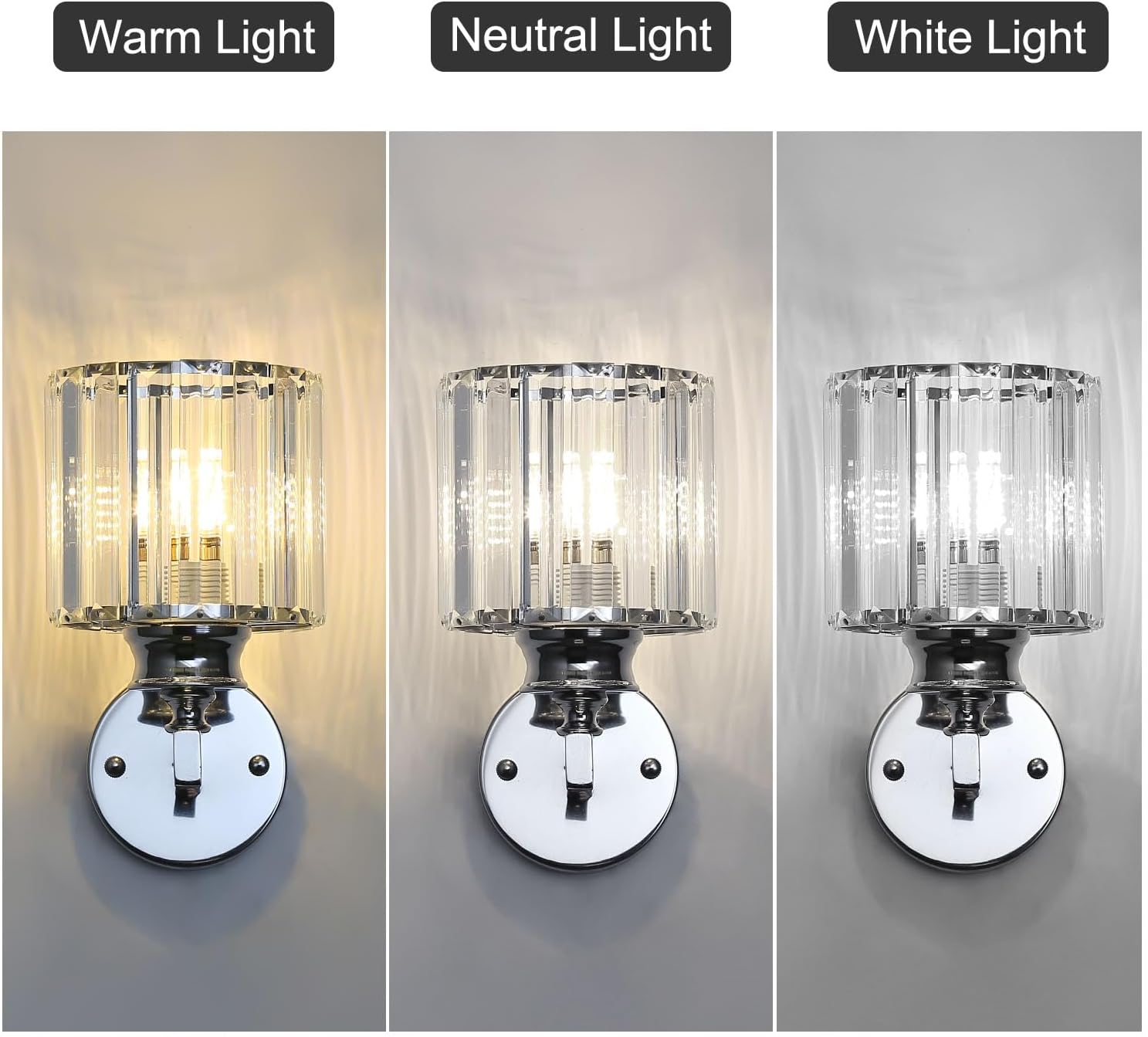Three wall lights showing warm, neutral, and white light on a gray background.