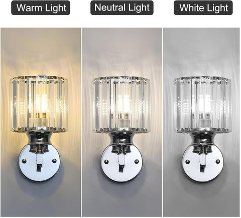 Three wall lights showing warm, neutral, and white light on a gray background.