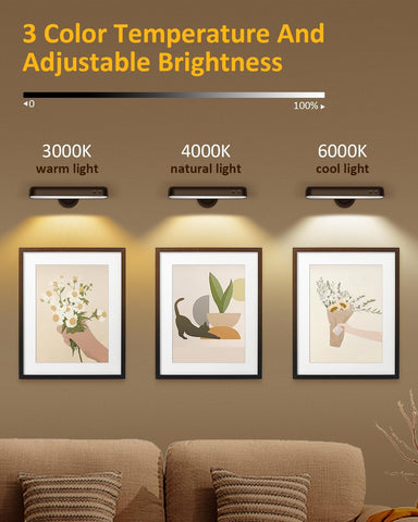Three wall lights with different color temperatures on a wall with framed pictures and a sofa.