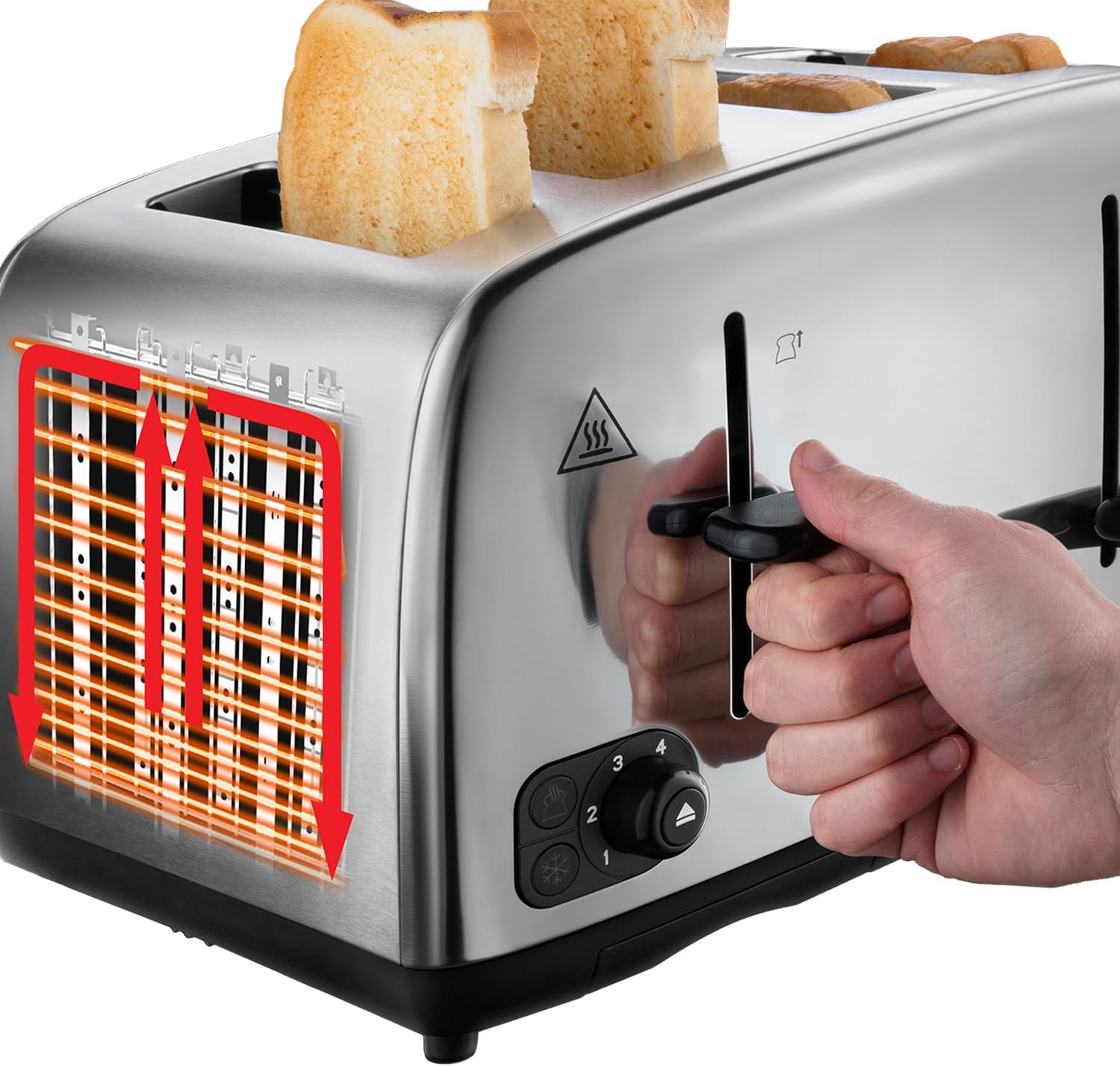 Toaster with bread slices, hand adjusting knob, and safety warning label.