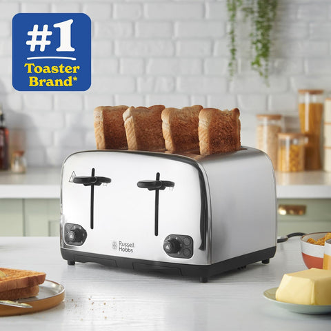 Toaster with four slices of toast on a kitchen counter, featuring the brand logo.