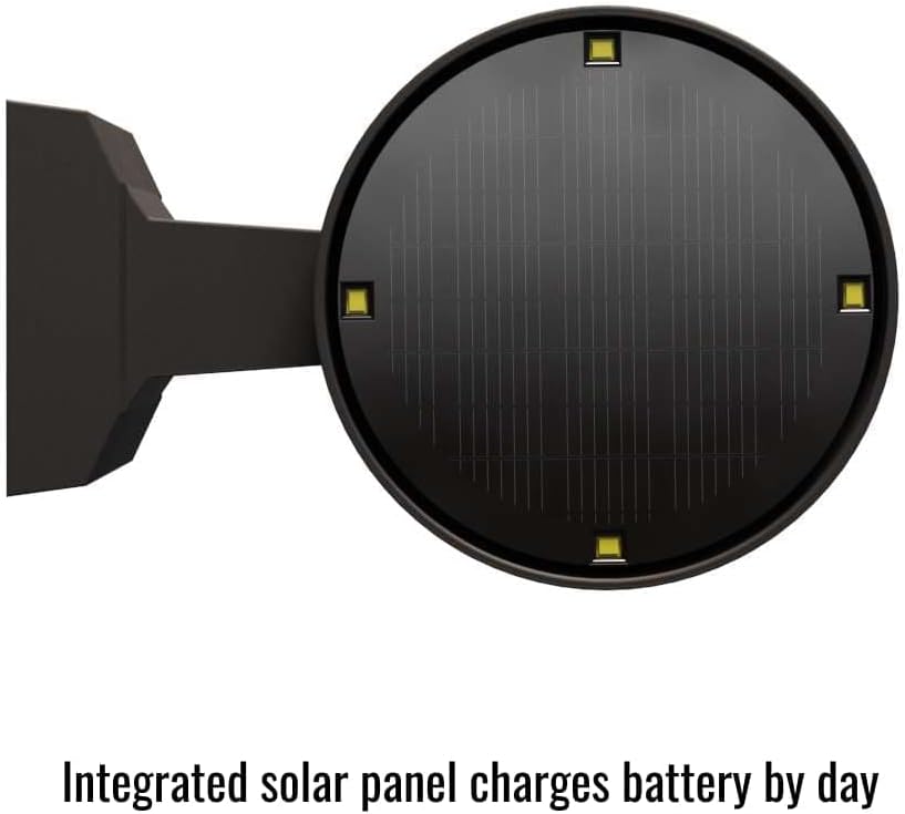 Top-down view of a solar panel with text indicating it charges a battery by day.